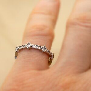 Vintage 925 Sterling Silver & CZ Stones Accent Geometric Band, Size 6.5